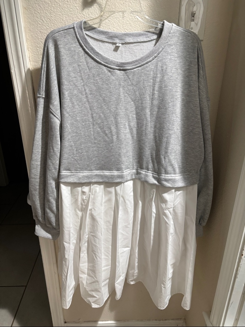 Grey Sweatshirt Layered Dress with White Pleated Skirt L